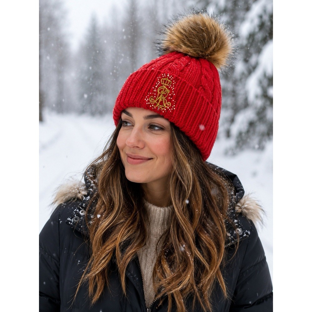 NWT LAUREN RALPH LAUREN Beanie Hat Rhinestone Logo Fur Pom Pom Red Comfort Warm